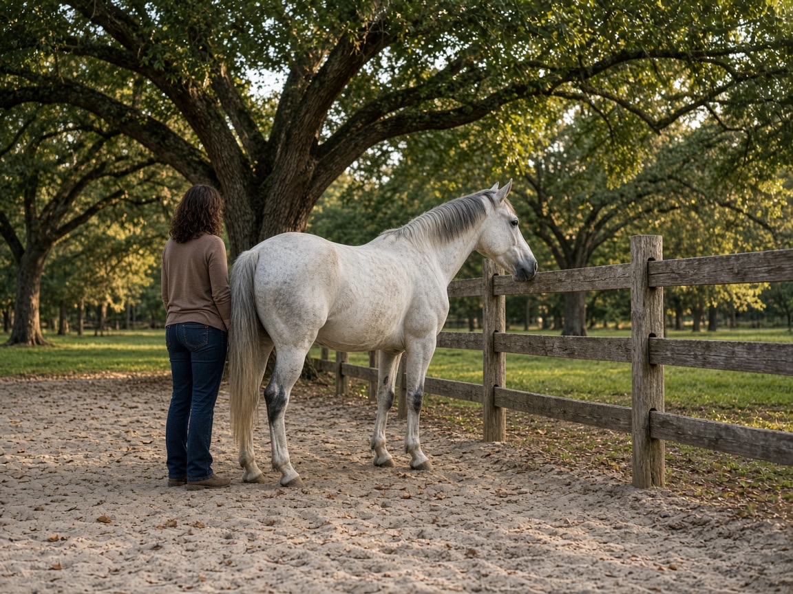 A person standing beside a horse at a ranch fence, unmounted and unhurried