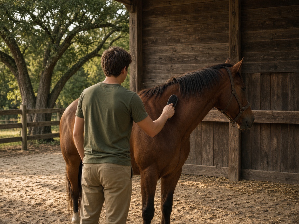 A young person grooming a quiet horse as part of horsemanship care
