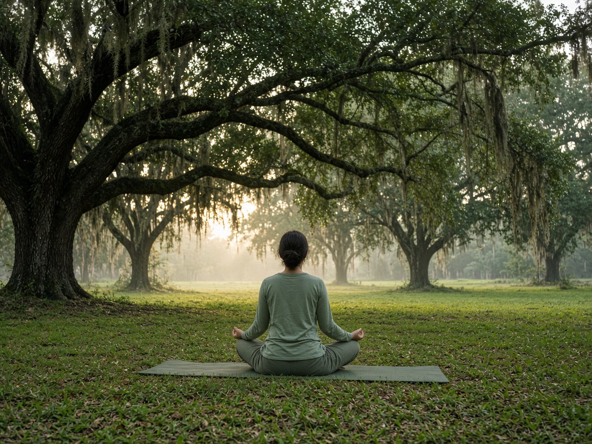 A person practicing quiet breathwork on a mat under oak trees