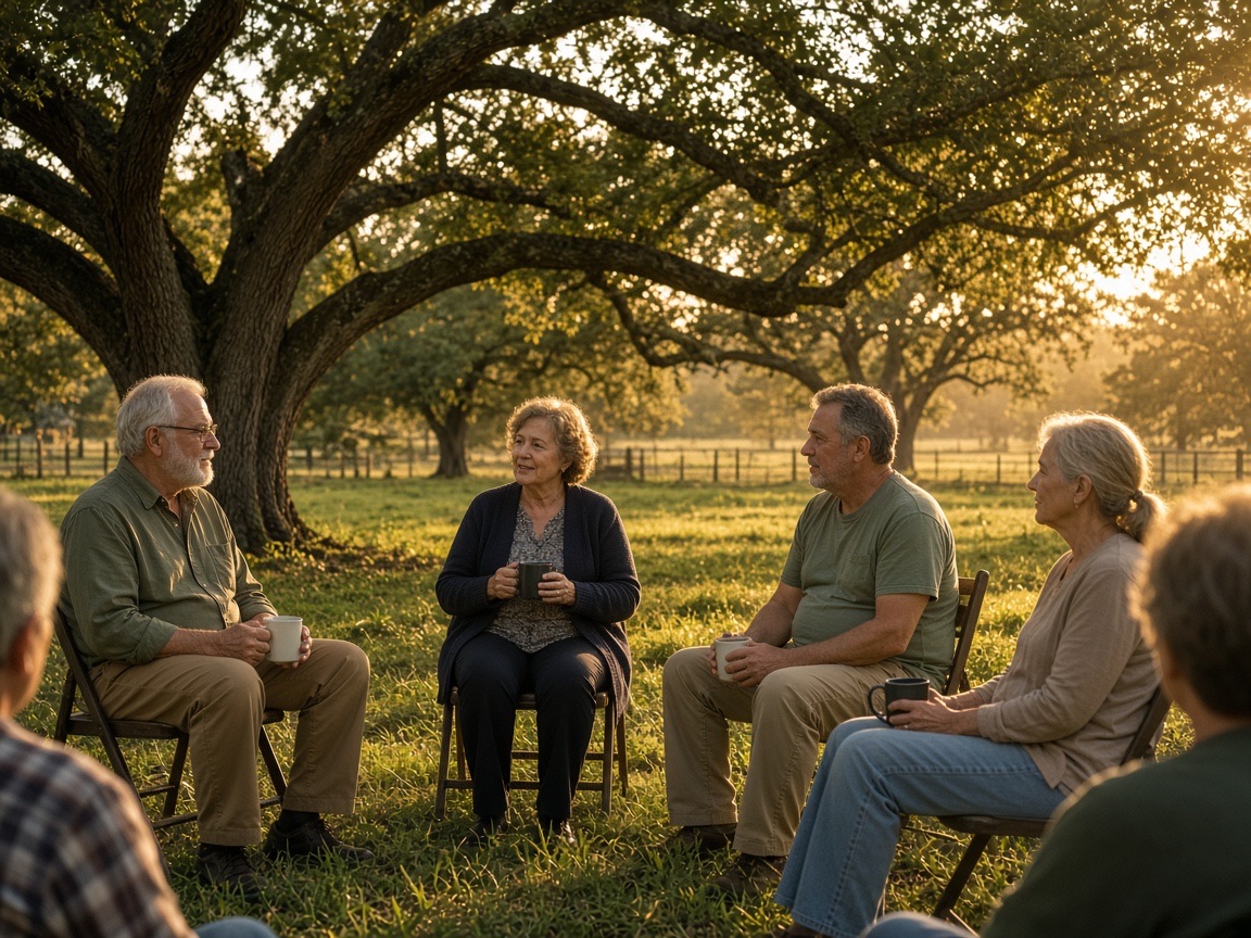 A small outdoor gathering in quiet conversation under oak trees